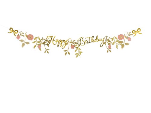 Banner Happy Birthday Flowers, pink-gold, 1.3m