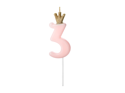 Birthday candle Number 3, light pink, 9.5cm