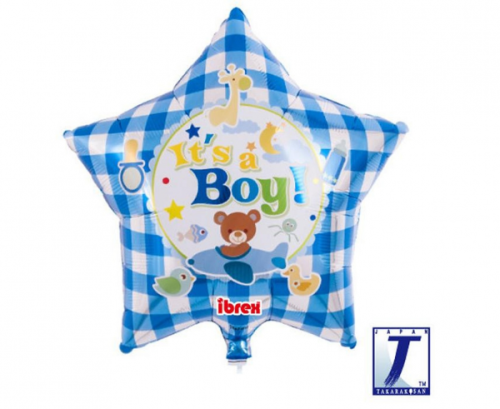 Ibrex hēlija balons, Zvaigzne 15&quot;, tas ir lācis, gingham zils, iepakots
