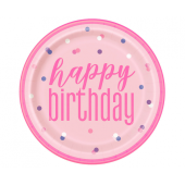 Papīra šķīvji Glitz Happy Birthday, 23 cm, rozā / sudraba (bez plastmasas) / 8 gab.