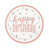 Papīra šķīvji Glitz Happy Birthday, 23 cm, rozā-zelts (bez plastmasas) / 8 gab.