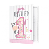 Invitations Farmhouse 1 st birthday, pink, 8 pcs