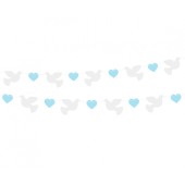 Paper garland Doves (10x8 cm), blue Hearts (5x4 cm), 150 cm