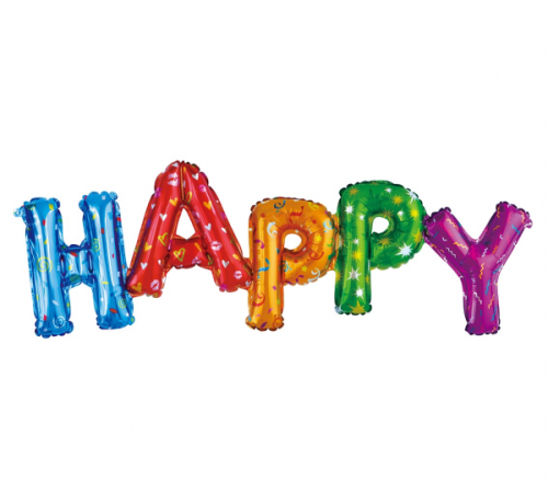Folijas balons - uzraksts &quot;Happy&quot;, daudzkrāsains, 95x35cm