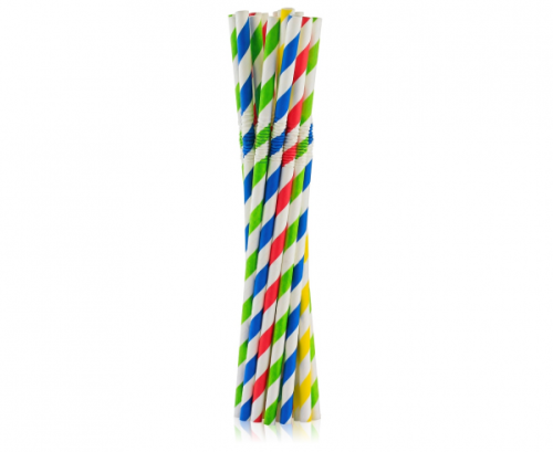 Elastīgi papīra dzeršanas salmiņi strīpās, krāsu sajaukums, 6x200mm / 100gab.