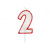 Glitter candle with digit "2", red outline, 6 cm