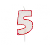 Glitter candle with digit "5", red outline, 6 cm