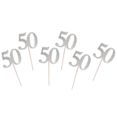 Birthday B&C cake topper picks 50, silver, 6 pcs.