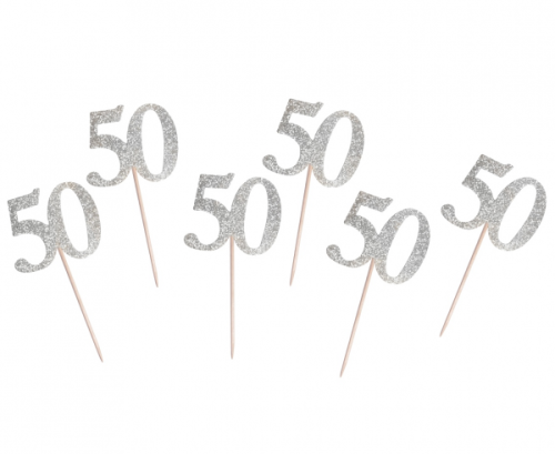 Birthday B&C cake topper picks 50, silver, 6 pcs.