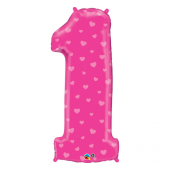 Folija balons 38&quot; QL &quot;Number 1&quot;, Pink Hearts